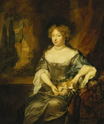Portrait of a Lady, Seated Small Three-Quarter Length, Wearing a Grey Satin Dress, Holding a Basket of Flowers Before a Window, a Statue in a Park Beyond