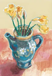 Daffodils In Blue Teapot