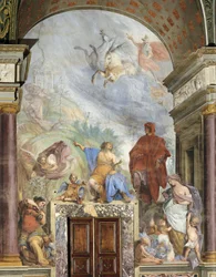 Lorenzo Magnificent talking with Prudence, fresco by Francesco Montelatici known as Cecco Bravo, Silver Museum, Pitti Palace, Florence, Italy