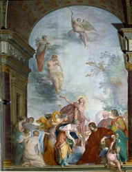 La Renommee celebrates the exploits of Lorenzo de Medici il Magnifico. Fresco by Cecco Bravo around 1635. Florence, Palazzo Pitti, Sala degli Argenti