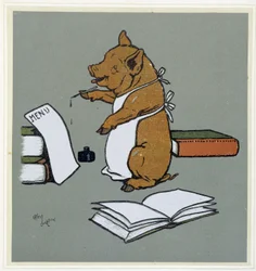 Pig composing a menu - in "Merry Party", ill. by Cécil Aldin, ed. Hodder & Stoughton, London