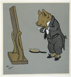 Pig Grooming, Adjusting His Knot of Tie in Front of a Mirror - in “Merry Party”, ill. by Cécil Aldin, ed. Hodder & Stoughton, London