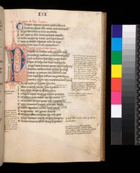 Ms 325. Lucan, Bellum Civile, and other works, f.35r. Parted Initial [P] in red and blue with contrasting pen flourishing, c.1353 (parchment)