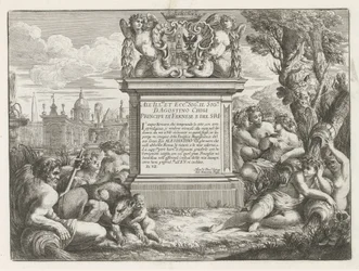 Dedication to and Coat of Arms of Agostino Chigi and View of Rome (series title: Fountains of Rome)