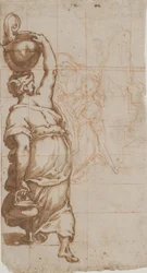 Woman with a Jar on Her Head Seen from Behind, Two Women with a Cloth in the Background