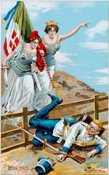 First World War: Poster Depicting an Allegory of Italy and France Chasing Germany Beyond the Border