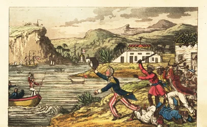 English Navy officer fleeing from an angry Massa planter and Quashee enslaved men brandishing cudgels in Jamaica