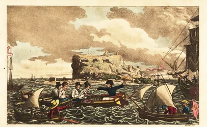 Midshipman Newcome transferred by rowboat to the HMS Vanguard near Gibraltar