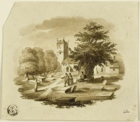 Figures in Cemetery Near Church