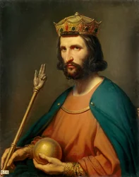 Portrait of Hugues Capet (941-996), King of France in 987. He holds a globe and a sceptre in his hand, symbols of power. Painting by Charles de Steuben (1788-1856), 19th century. Sun. 0.91 x 0.74 m.