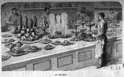 Cuisines of the Palais des Tuileries: Preparation of desserts during a reception under the Second Empire. Engraving by Barbant