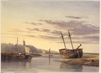 Fishing Boats in Rye Harbour, with a Windmill in the Distance