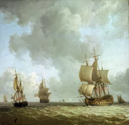 British Royal Navy ships blowing in the ocean wind, around 1750