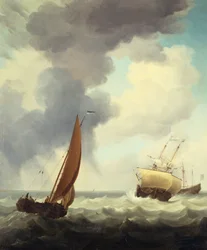 Dutch Merchant Ships and a Coastal Trader in Choppy Seas