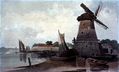 View on the Thames, with Windmill and Boats