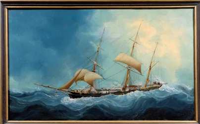 A Three-Masted Sailboat in Flight - A Three-Masted Ship Fleeing