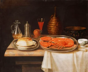 A Still-Life with a Lobster and Bread on Salvers, a Decanter of Wine and Other Items on a Partly Draped Marble Ledge