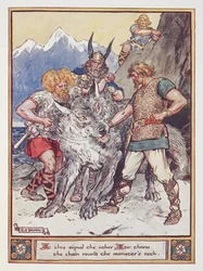 Tyr Pledges His Hand to Chain the Fenrir the Wolf, Illustration from The Heroes of Asgard by Annie Keary