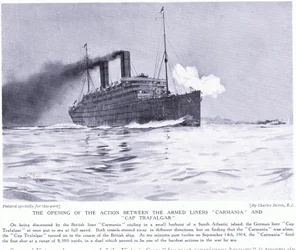 The opening action between the armed liners Carmania and Cap Trafalgar, South Atlantic, September 1915