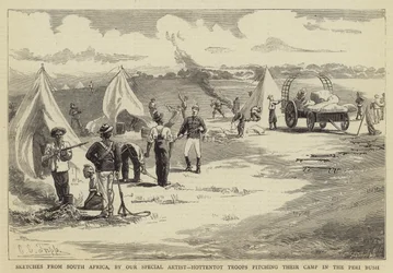 Sketches from South Africa, Hottentot Troops pitching their Camp in the Peri Bush