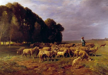 Herd of sheep in a landscape or Shepherd driving a herd of sheep in the plain