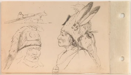 Studies of Palaneapape (Struck-by-Ree or Struck-by-Arikara) and a Dog Travois (leaf 21 verso)