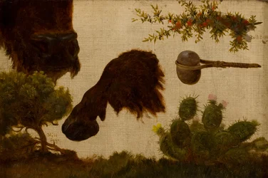 Study for The Wounded Buffalo: hill sage, buffalo head and hoof, bull berry, stone axe and cactus