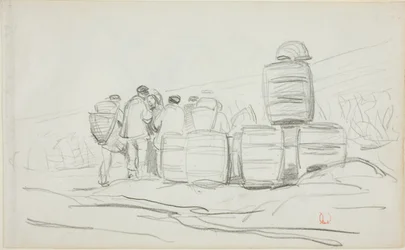 Study of a Group of People with Barrels (recto); Two Studies of a Woman Gleaning (verso)