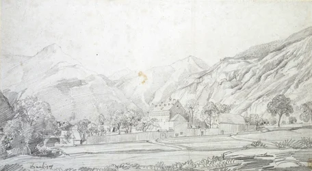 View of Buildings in a Walled Enclosure with Mountains in the Background