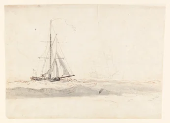 A cutter before the wind with a ship in the distance