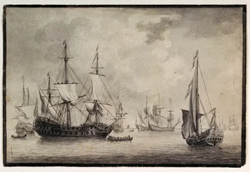 Dutch man-of-war, states yacht and distant shipping in a harbour, late 18th century
