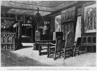 Homes of Victor Hugo, the lounge at Hauteville house in Guernsey, the armchair of the ancestor, engraved by Fortune Louis Meaulle (1844-1901)