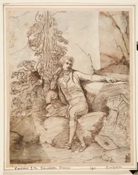 John Deare sat on a rock with his legs crossed, in front of trees, with his top hat next to him