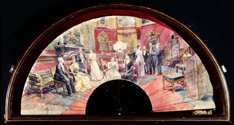 Fan depicting a social gathering after dinner in a drawing room