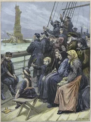 Jewish Immigrants Arriving in New York USA in 1892 - Jewish Refugees from Russia Passing the Colossal Statue in New York Harbour - Engraving by Charles Joseph Staniland