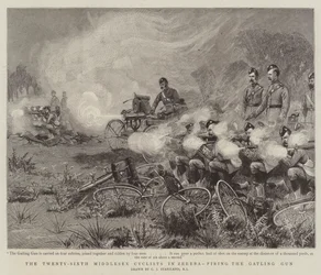 The Twenty-Sixth Middlesex Cyclists in Zereba, firing the Gatling Gun