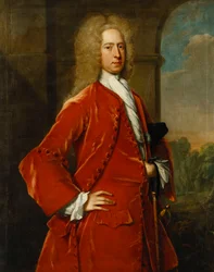 Portrait of Colonel William Forward, M.P., Three-Quarter Length, in a Red Coat and Waistcoat and White Stock, by a Stone Archway, a Landscape Beyond