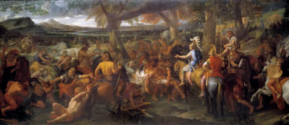 Alexander and Porus. In 327 BC, Alexander the Great continued his conquest towards the Indus Valley. In 326 BC, he defeated Puru (or Poros, king of the Paurava tribe in the 4th century BC) and his army of war elephants in the Battle of Hydaspes.