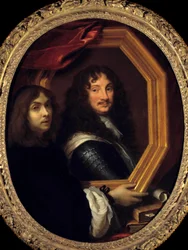 Self-portrait holding the portrait of a military