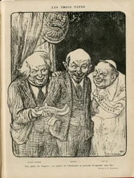 Illustration of Charles Leandre in Le Rire, 03/06/22 - The Three Popes - England Great Britain, U.S.R., Verifier dates, Reichstag - Lenine, Lloyd George, Pius XI