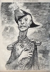 The actors of the great Dreyfussian comedy - Portrait of Raoul Le Mouton de Boisdeffre, French military - cartoon by Charles Leandre in Le Rire