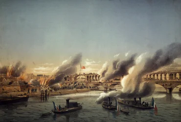 Flotilla of Seine forcing entry into Paris at barricade on May 21