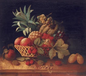 Grapes, plums, cherries, peaches, an apple, a pineapple, and a melon, in a wicker basket