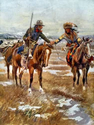 The meeting of American and Native American men shaking hands on horseback