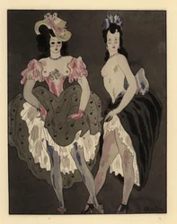 Two half-naked prostitutes dressed in petticoats and bonnets.