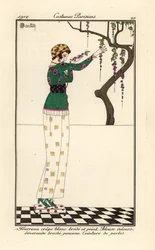 Woman in a Printed and Embroidered Sheath Dress