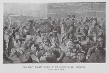 Cavalry charging a crowd in the streets of St Petersburg, First Russian Revolution
