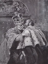 King Edward VII embracing his son, the Prince of Wales, at the king