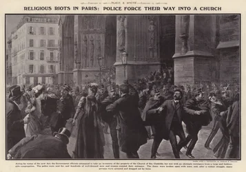 Police forcing their way into a church in Paris during riots in protest at the inventories of French churches ordered by the French government as part of its policy of the separation of church and state