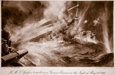 H.M.S Spitfire torpedoing a German Cruiser on the Night of May 31st